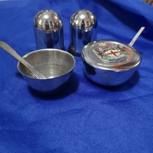 Vintage East London (UK) mini Sugar bowl with Stainless Steel Salt & Pepper shaker and Egg Holder.