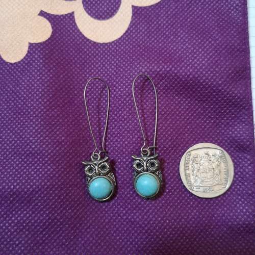 Vintage Turquoise Owl Earrings Silver Tone