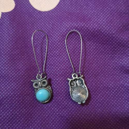 Vintage Turquoise Owl Earrings Silver Tone