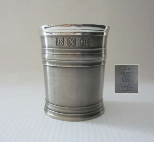 John Somers Pewter Cup JS X MG  Vintage 8 Oz Fine Quality Handmade Barware Beaker  Lead Free Food