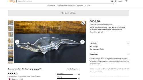 Vintage MCM Viking Art Clear Alligator Trinket Dish/ Paperweight. In good vintage condition