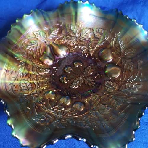 Rare Vtg Carnival Glass Amber Green Sawtooth Rim Bowl, Northwood Carnival Glass Iridescent Embossed