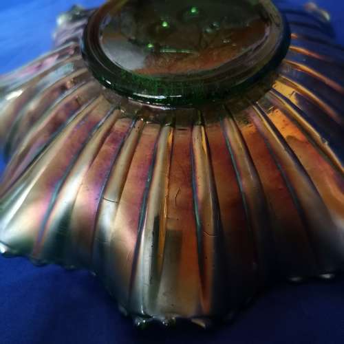 Rare Vtg Carnival Glass Amber Green Sawtooth Rim Bowl, Northwood Carnival Glass Iridescent Embossed
