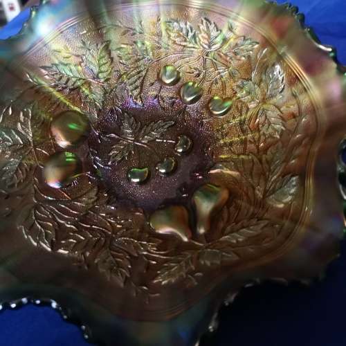 Rare Vtg Carnival Glass Amber Green Sawtooth Rim Bowl, Northwood Carnival Glass Iridescent Embossed