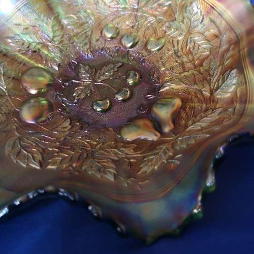 Rare Vtg Carnival Glass Amber Green Sawtooth Rim Bowl, Northwood Carnival Glass Iridescent Embossed