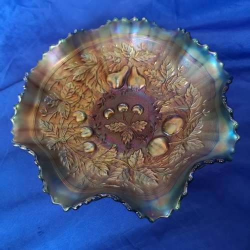 Rare Vtg Carnival Glass Amber Green Sawtooth Rim Bowl, Northwood Carnival Glass Iridescent Embossed