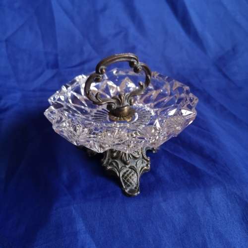 Vintage Italy Brass Footed Raised Ashtray Glass Elevated Tripod Base Elegant with top handle.