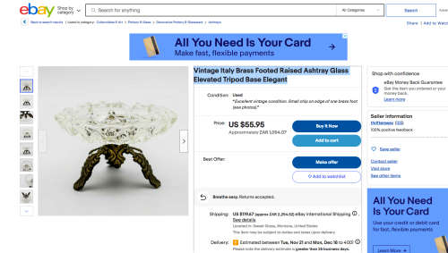 Vintage Italy Brass Footed Raised Ashtray Glass Elevated Tripod Base Elegant with top handle.