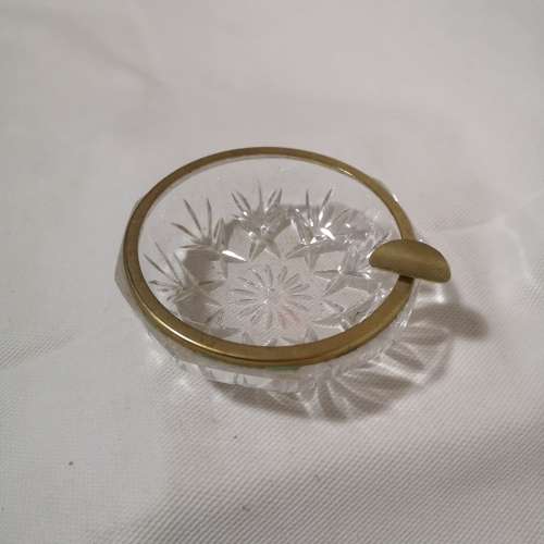 Vintage  Cut Glass Personal Vanity Trinket Dish Ashtray with Gold Metal Rim
