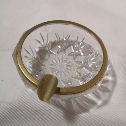 Vintage  Cut Glass Personal Vanity Trinket Dish Ashtray with Gold Metal Rim