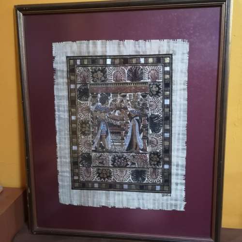 Vintage EGYPTIAN PAINTING ON PAPYRUS- King Tut Wedding Framed. Signed Mtiya. Framed