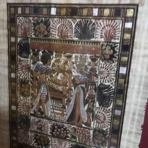 Vintage EGYPTIAN PAINTING ON PAPYRUS- King Tut Wedding Framed. Signed Mtiya. Framed