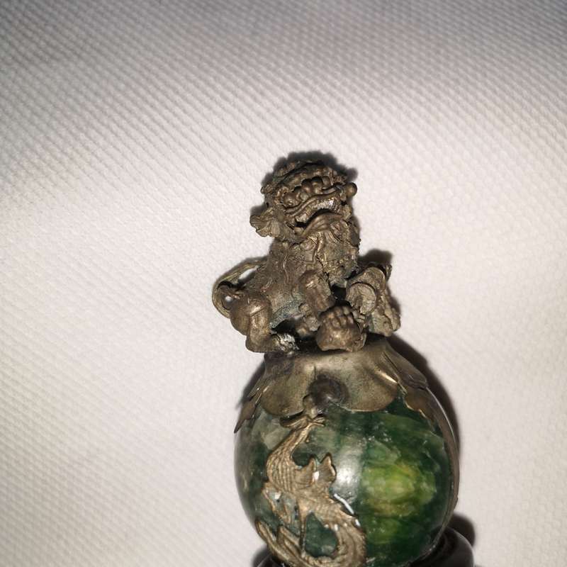 Pair of Chinese/ Tibetan Genuine Natural Green Jade HandCarved Tibetan Silver Lion Statues (2pcs)