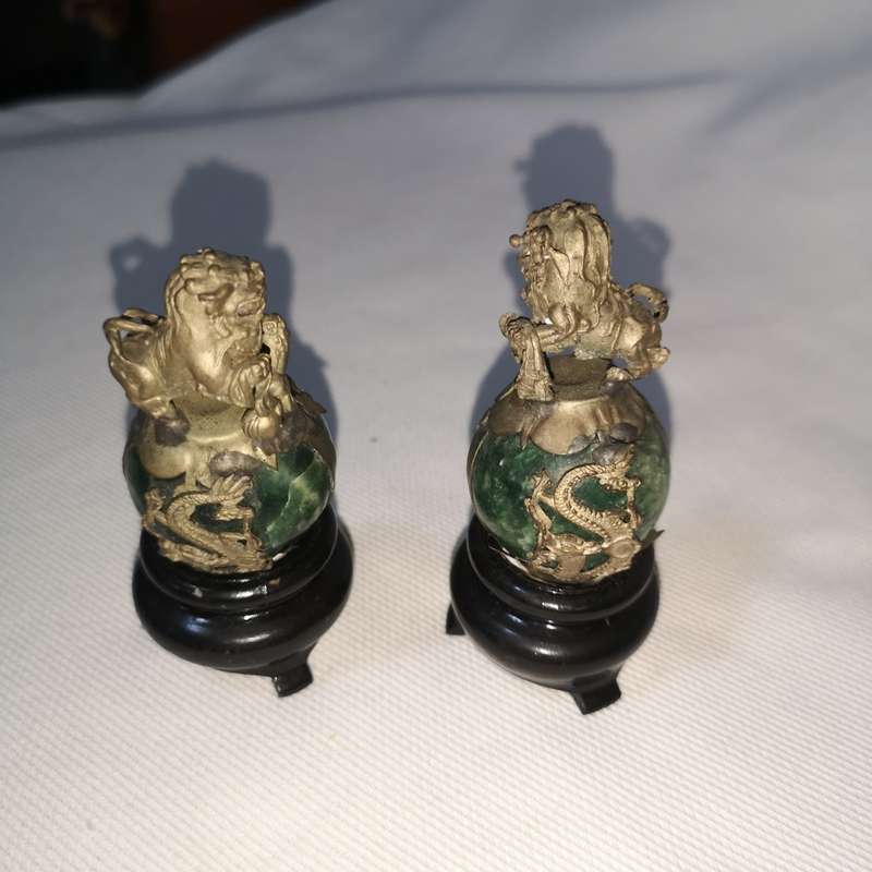 Pair of Chinese/ Tibetan Genuine Natural Green Jade HandCarved Tibetan Silver Lion Statues (2pcs)