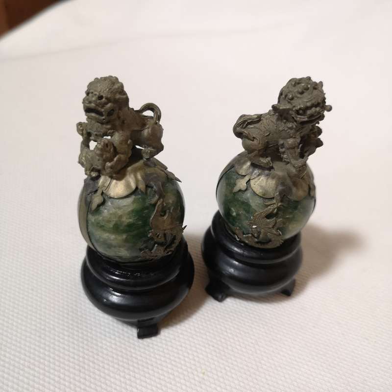 Pair of Chinese/ Tibetan Genuine Natural Green Jade HandCarved Tibetan Silver Lion Statues (2pcs)