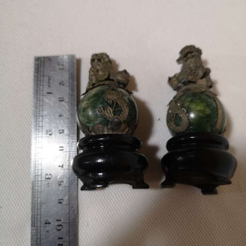 Pair of Chinese/ Tibetan Genuine Natural Green Jade HandCarved Tibetan Silver Lion Statues (2pcs)