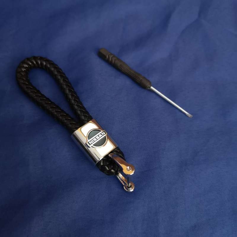 Nissan Car Key Logo Braided Leather Rope Key Ring Holder. Metal