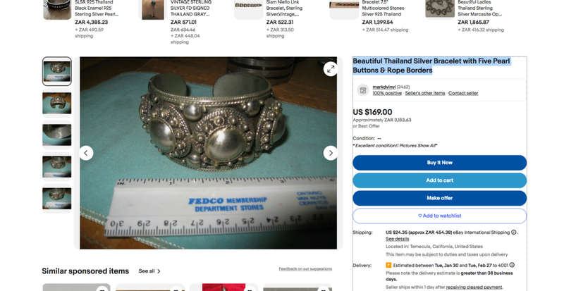 Vintage Siam Marked Thailand Circa 30`s Sterling Silver Cuff Bracelet