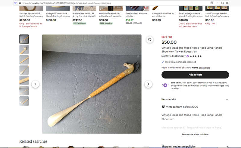 Vintage Brass and Wood Horse Head Long Handle Shoe Horn Equestrian. Rare Find