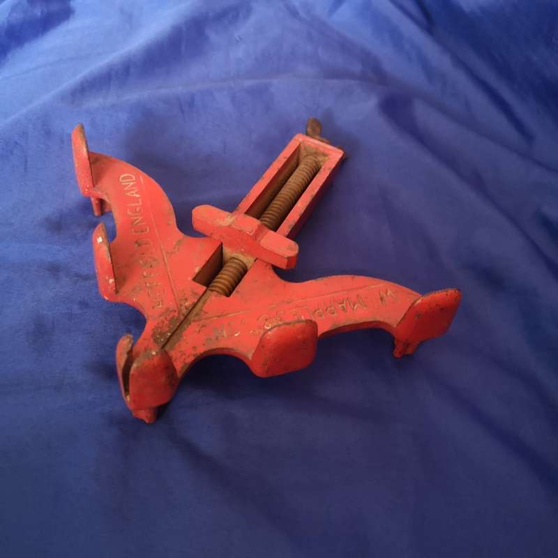 Vintage Marples & Sons corner clamp, bright red in original condition. Sheffield England.