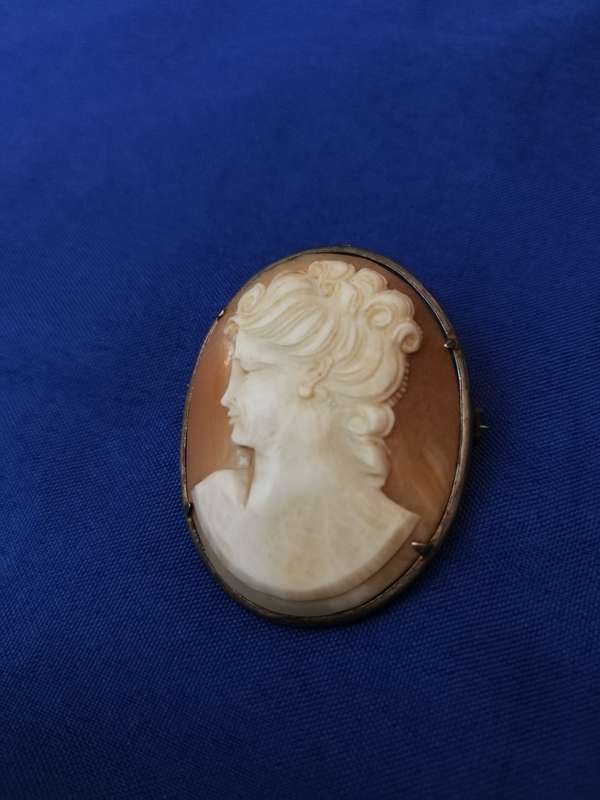 Vintage shell cameo pendant brooch. Intricately carved detail.