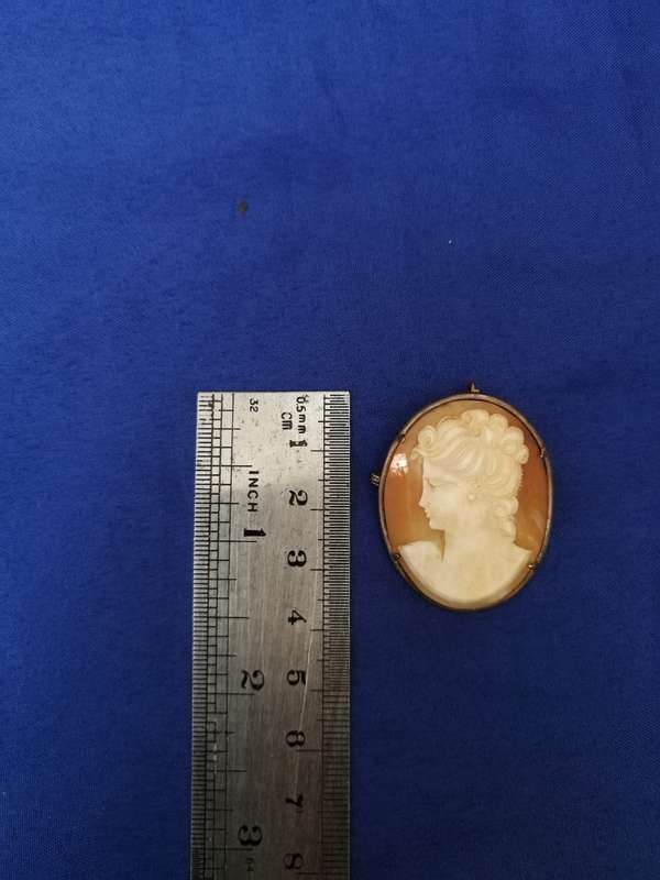 Vintage shell cameo pendant brooch. Intricately carved detail.