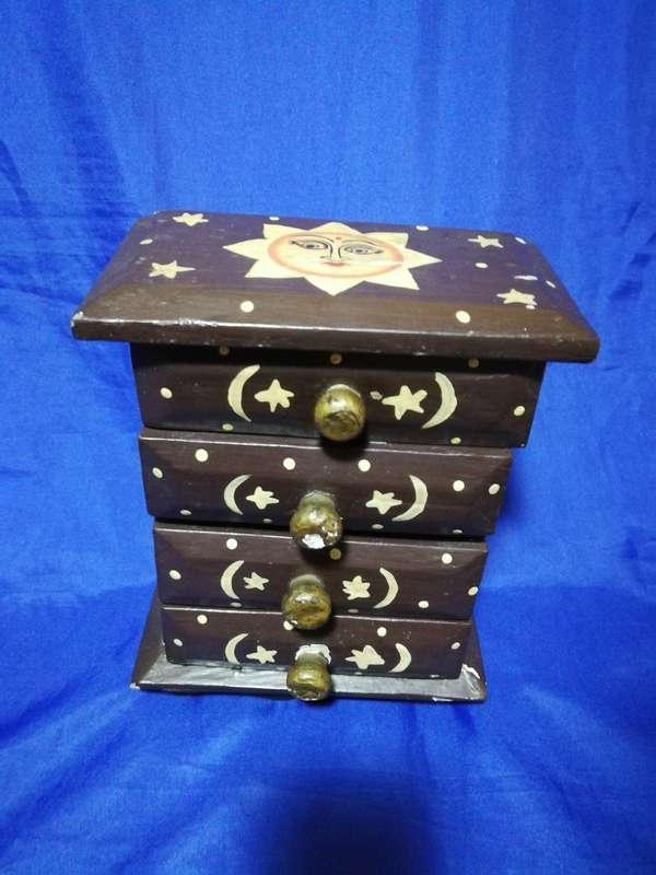 Indonesian Moon and Sun Keepsake Chest of Draws. Handpainted. Vintage Decor item.