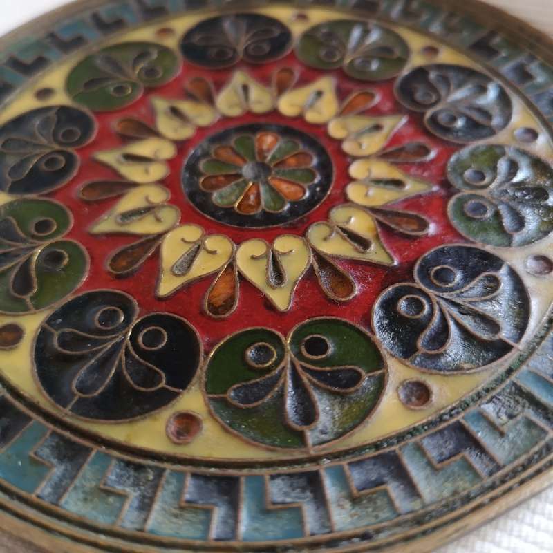 Vintage 1960s Moroccan Brass Enamel Inlaid (cloisonné) Copper Wall Plate Decorative 5`