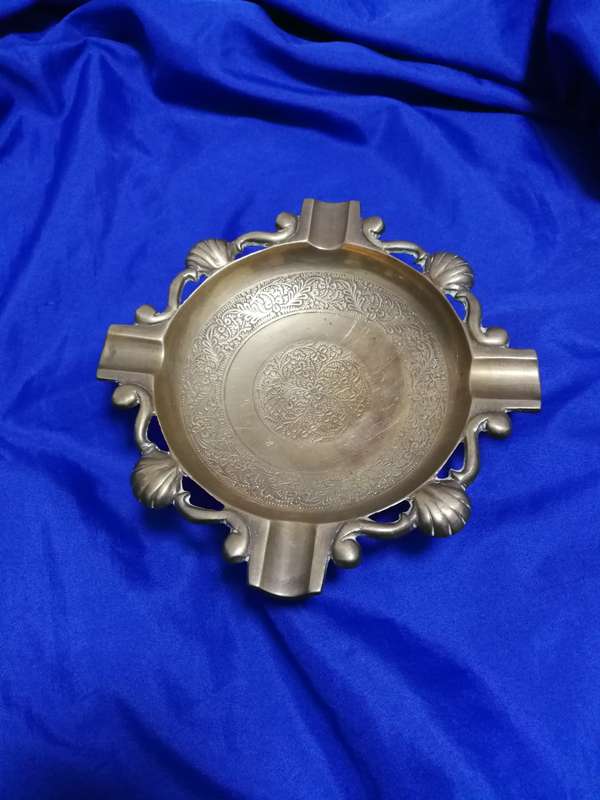 Vintage Brass Ashtray - Ornate with shell design and Engraving- Cigar sized holder
