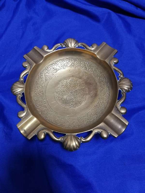 Vintage Brass Ashtray - Ornate with shell design and Engraving- Cigar sized holder