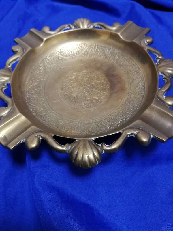 Vintage Brass Ashtray - Ornate with shell design and Engraving- Cigar sized holder