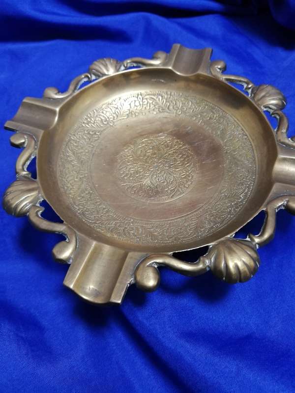 Vintage Brass Ashtray - Ornate with shell design and Engraving- Cigar sized holder
