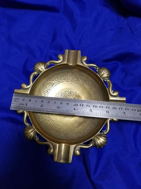 Vintage Brass Ashtray - Ornate with shell design and Engraving- Cigar sized holder