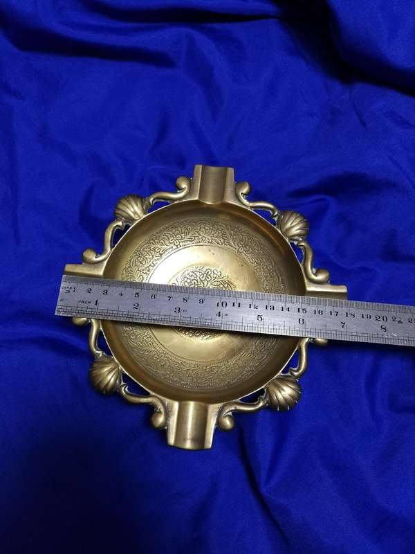 Vintage Brass Ashtray - Ornate with shell design and Engraving- Cigar sized holder
