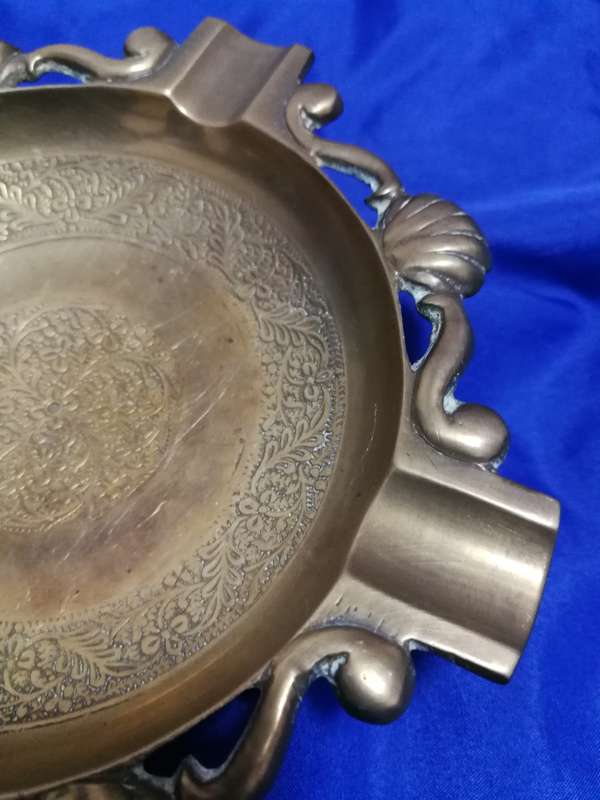 Vintage Brass Ashtray - Ornate with shell design and Engraving- Cigar sized holder