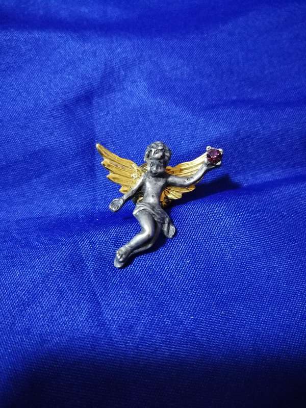 Guardian Angel Pewter Tone Gold Wings February Birthstone  Pin