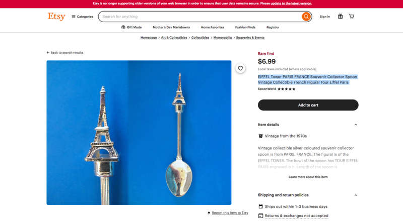 EIFFEL Tower PARIS FRANCE Souvenir Collector Spoon Vintage Collectible. Rare Find