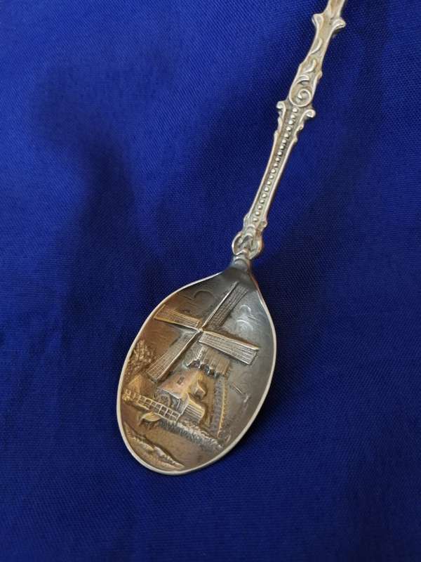 Dutch Vintage Silver spoon. Repousse with moving windmill.