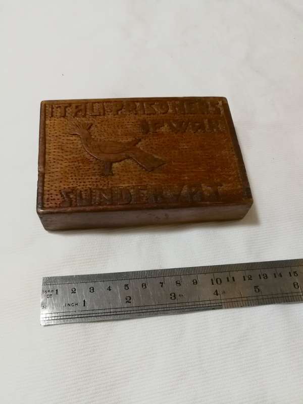 WW2 Italian Prisoners of War hand carved box with slide cover. 1940s when they were sent to SA