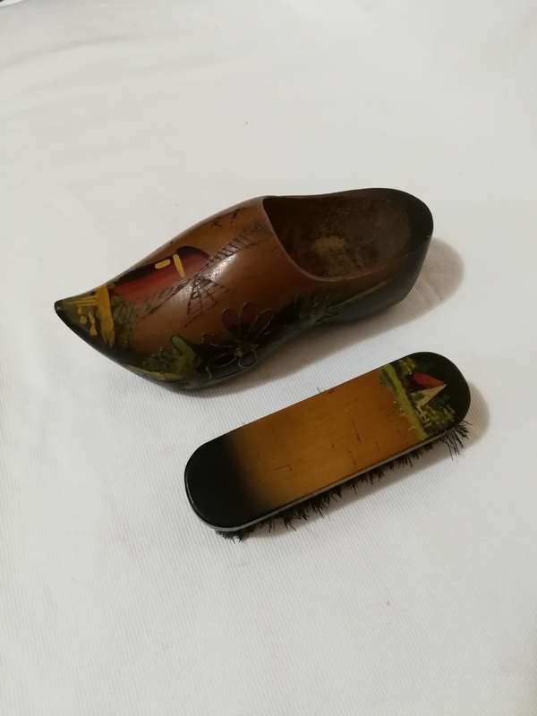 Vintage Wooden Holland Clog Shoe and Brush Wall Hanging.