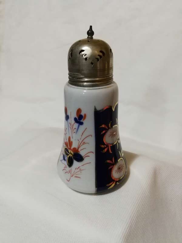 ANTIQUE 1800s IMARI FLOW BLUE Sugar shaker with EPNS lid- Rare