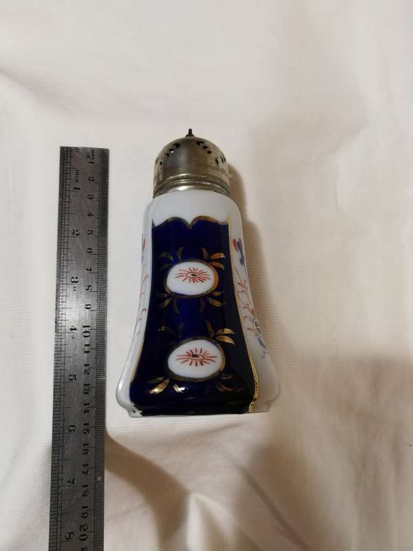 ANTIQUE 1800s IMARI FLOW BLUE Sugar shaker with EPNS lid- Rare