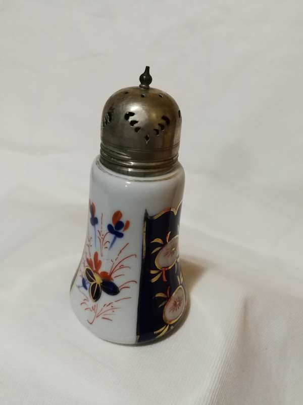 ANTIQUE 1800s IMARI FLOW BLUE Sugar shaker with EPNS lid- Rare