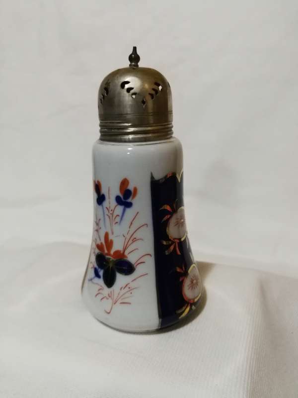 ANTIQUE 1800s IMARI FLOW BLUE Sugar shaker with EPNS lid- Rare