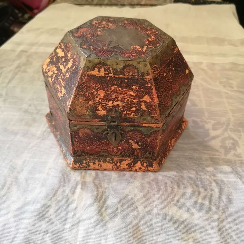 Beautiful Vintage Handmade Trinket Box Brass Design and Tacks Red