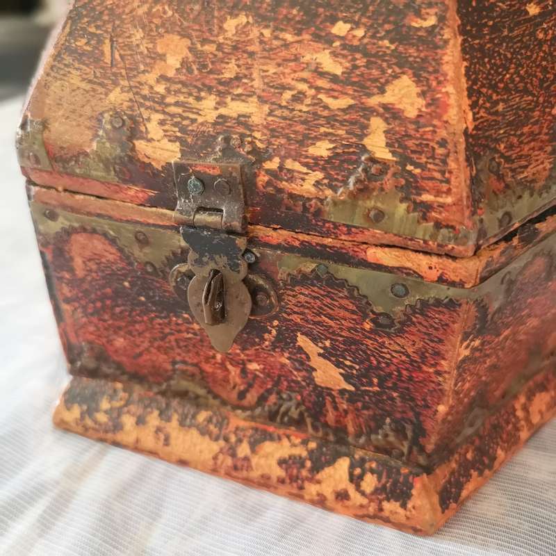 Beautiful Vintage Handmade Trinket Box Brass Design and Tacks Red