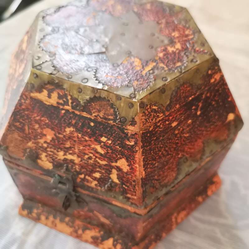 Beautiful Vintage Handmade Trinket Box Brass Design and Tacks Red
