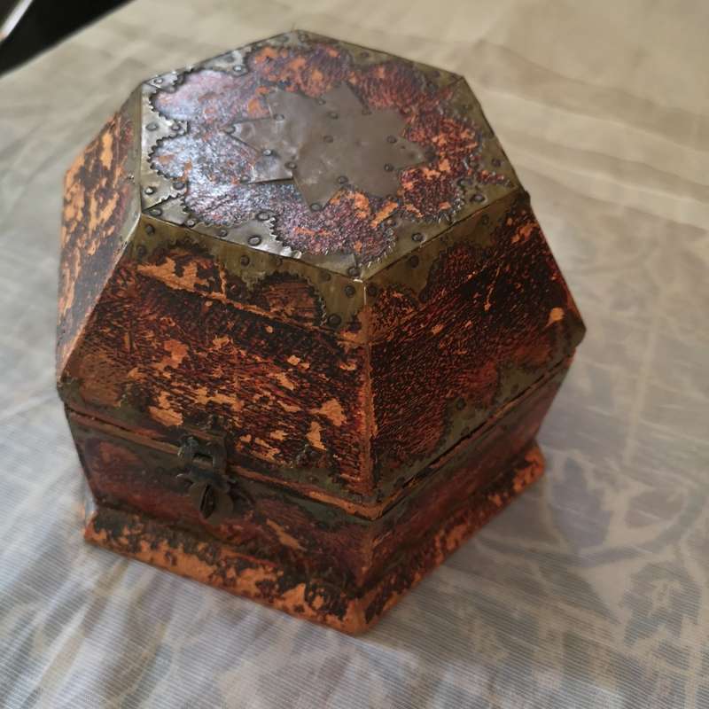Beautiful Vintage Handmade Trinket Box Brass Design and Tacks Red
