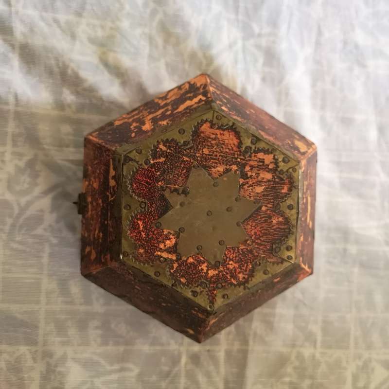 Beautiful Vintage Handmade Trinket Box Brass Design and Tacks Red