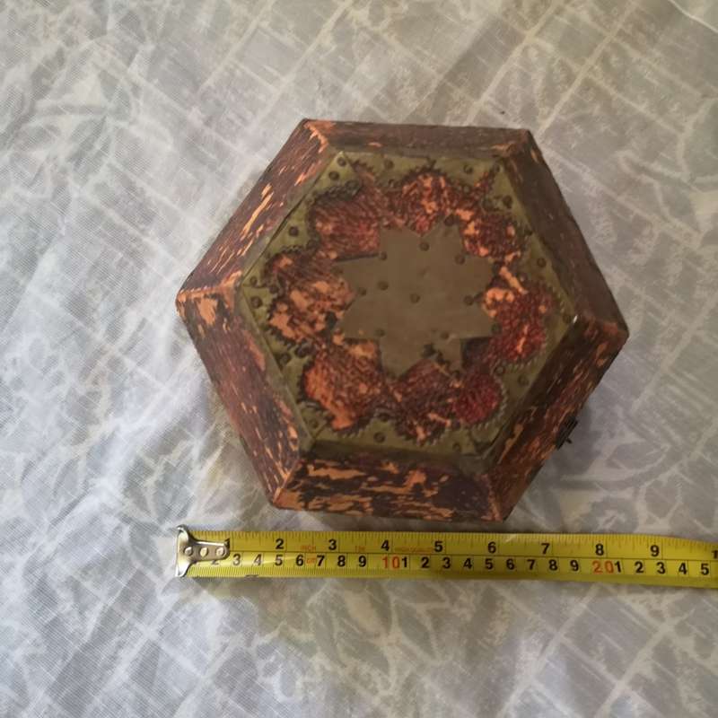 Beautiful Vintage Handmade Trinket Box Brass Design and Tacks Red